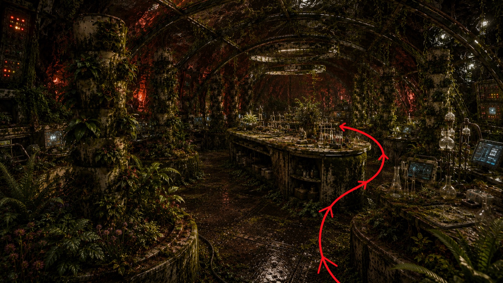 Plan the movement. An annotated reference directs the camera around the abandoned room.